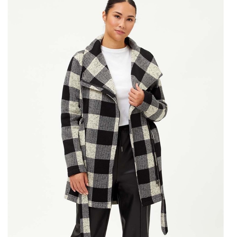 NEW Steve Madden Black & White Plaid Buffalo Check Wrap Coat Belted Plus Size 1X